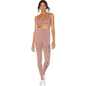 Alo Yoga Moto Leggings High Waist Ribbed‎ Mesh Panels Pink Smoky Quartz M